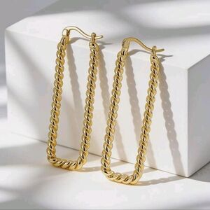 Gold plated twisted long rectangular hoop earrings; 1.96"x.59"; nwot